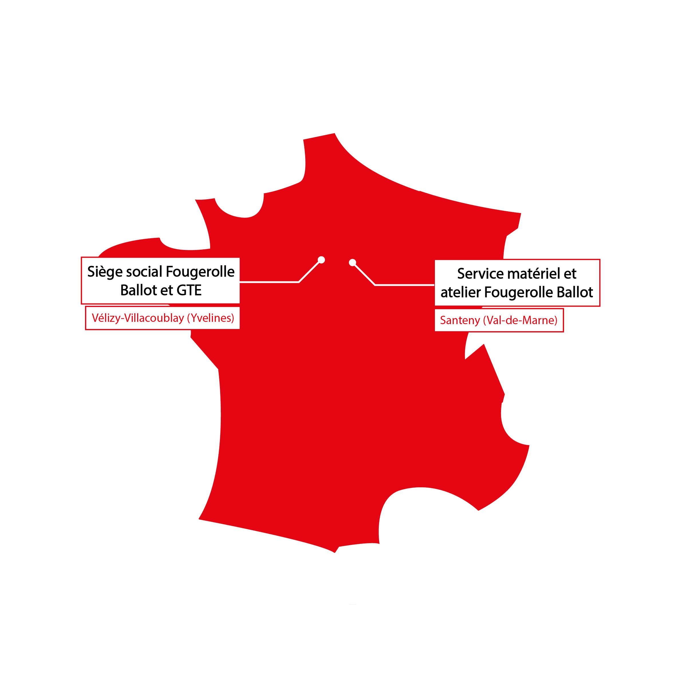 Image d'une carte des implantations de Fougerolle Ballot et GTE : Vélizy-Villacoublay et Santeny